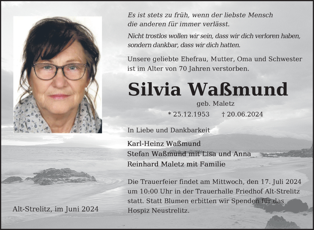  Traueranzeige für Silvia Waßmund vom 09.07.2024 aus Nordkurier Strelitzer Zeitung