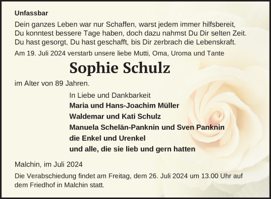 Traueranzeige von Sophie Schulz von Nordkurier Mecklenburger Schweiz