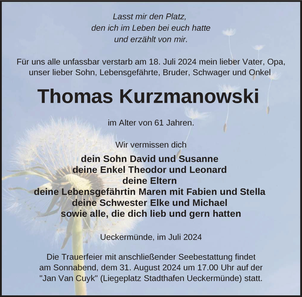  Traueranzeige für Thomas Kurzmanowski vom 27.07.2024 aus Nordkurier Haff-Zeitung