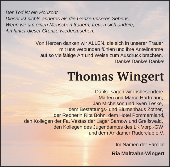 Traueranzeige von Thomas Wingert von Nordkurier Vorpommern Kurier