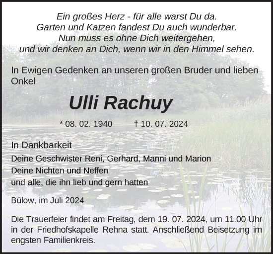 Traueranzeige von Ulli Rachuy von Gadebusch - Rehnaer Zeitung