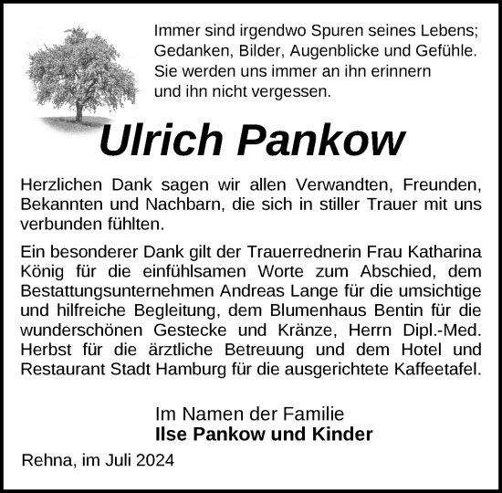 Traueranzeige von Ulrich Pankow von Gadebusch - Rehnaer Zeitung