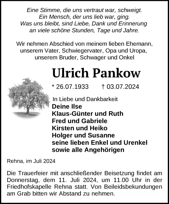 Traueranzeige von Ulrich Pankow von Gadebusch - Rehnaer Zeitung