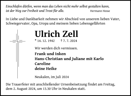 Traueranzeige von Ulrich Zell von Nordkurier Mecklenburger Schweiz