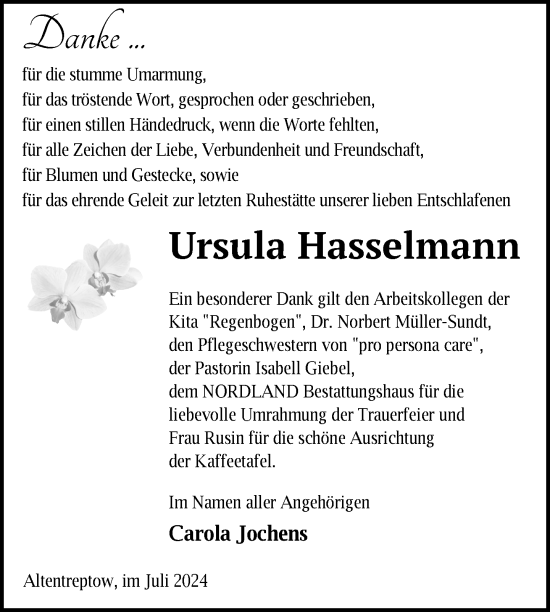 Traueranzeige von Ursula Hasselmann von Nordkurier Neubrandenburger Zeitung