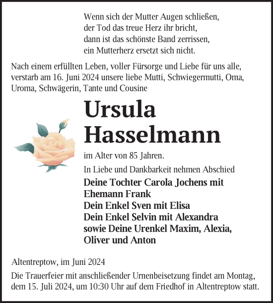 Traueranzeige von Ursula Hasselmann von Nordkurier Neubrandenburger Zeitung