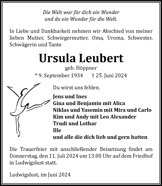 Traueranzeige von Ursula Leubert von Ludwigsluster Tageblatt