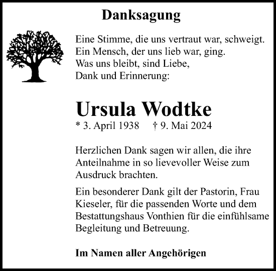 Traueranzeige von Ursula Wodtke von Norddeutsche Neueste Nachrichten