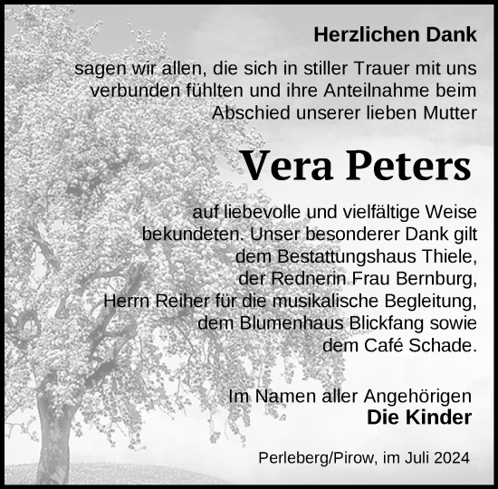 Traueranzeige von Vera Peters von Der Prignitzer, Prignitz Express