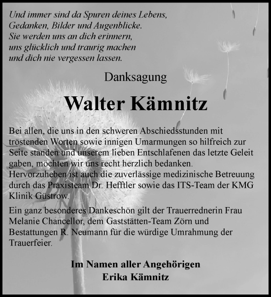 Traueranzeige von Walter Kämnitz von Güstrow und Bützow
