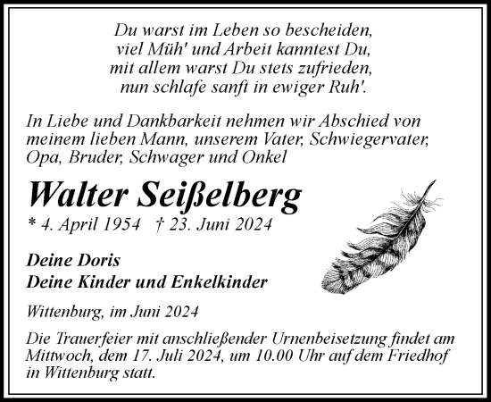 Traueranzeige von Walter Seißelberg von Hagenower Kreisblatt