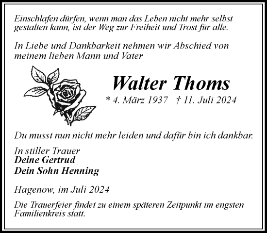 Traueranzeige von Walter Thoms von Hagenower Kreisblatt