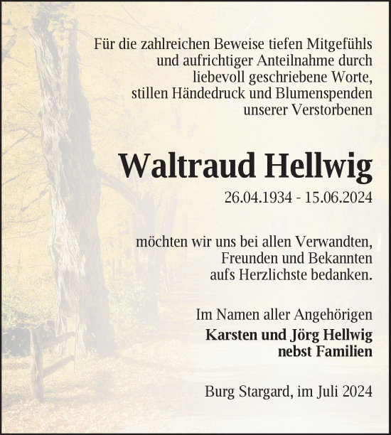 Traueranzeige von Waltraud Hellwig von Nordkurier Neubrandenburger Zeitung