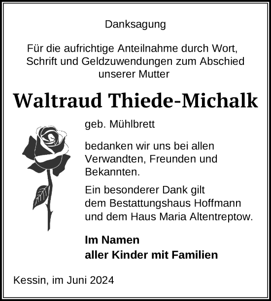 Traueranzeige von Waltraud Thiede-Michalk von Nordkurier Neubrandenburger Zeitung