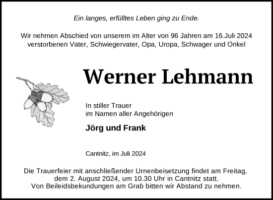 Traueranzeige von Werner Lehmann von Nordkurier Strelitzer Zeitung