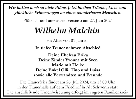 Traueranzeige von Wilhelm Malchin von Nordkurier Müritz-Zeitung