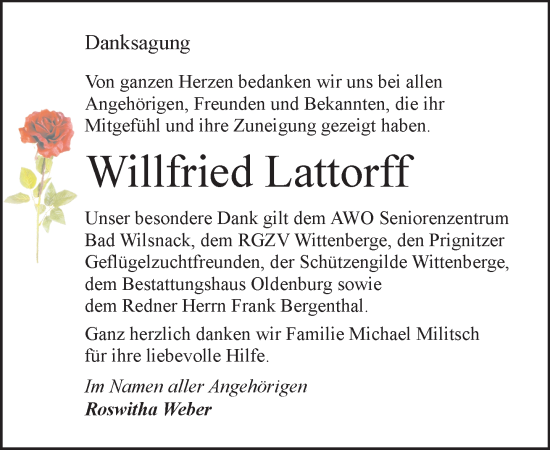 Traueranzeige von Willfried Lattorff von Der Prignitzer, Prignitz Express