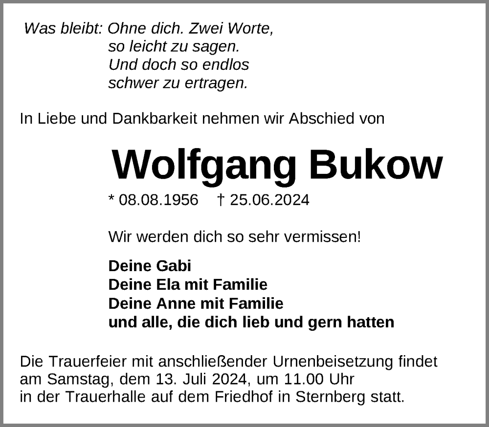  Traueranzeige für Wolfgang Bukow vom 06.07.2024 aus Anzeiger für Sternberg - Brüel - Warin