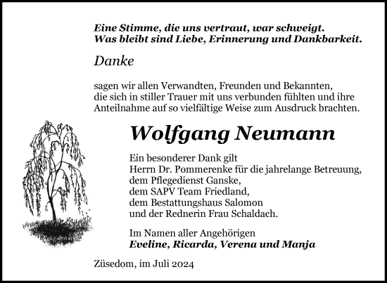 Traueranzeige von Wolfgang Neumann von Nordkurier Pasewalker Zeitung