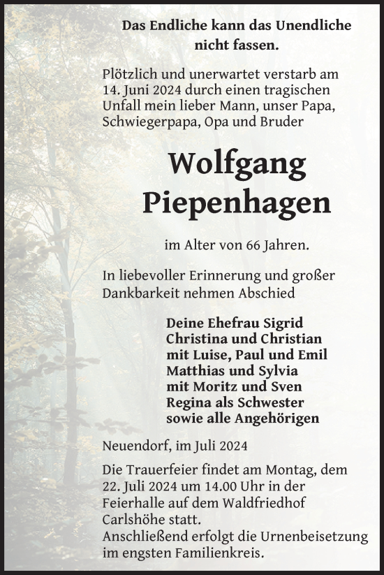 Traueranzeige von Wolfgang Piepenhagen von Nordkurier Neubrandenburger Zeitung