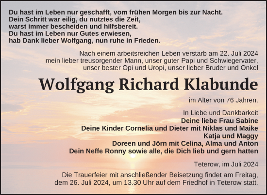 Traueranzeige von Wolfgang Richard Klabunde von Nordkurier Mecklenburger Schweiz