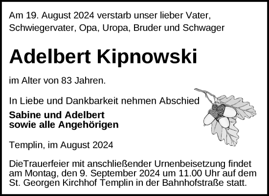 Traueranzeige von Adelbert Kipnowski von Uckermark Kurier Templiner Zeitung