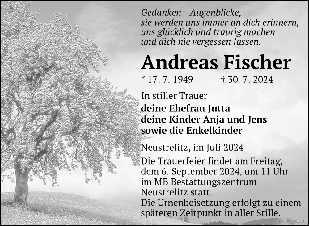  Traueranzeige für Andreas Fischer vom 16.08.2024 aus Nordkurier Strelitzer Zeitung