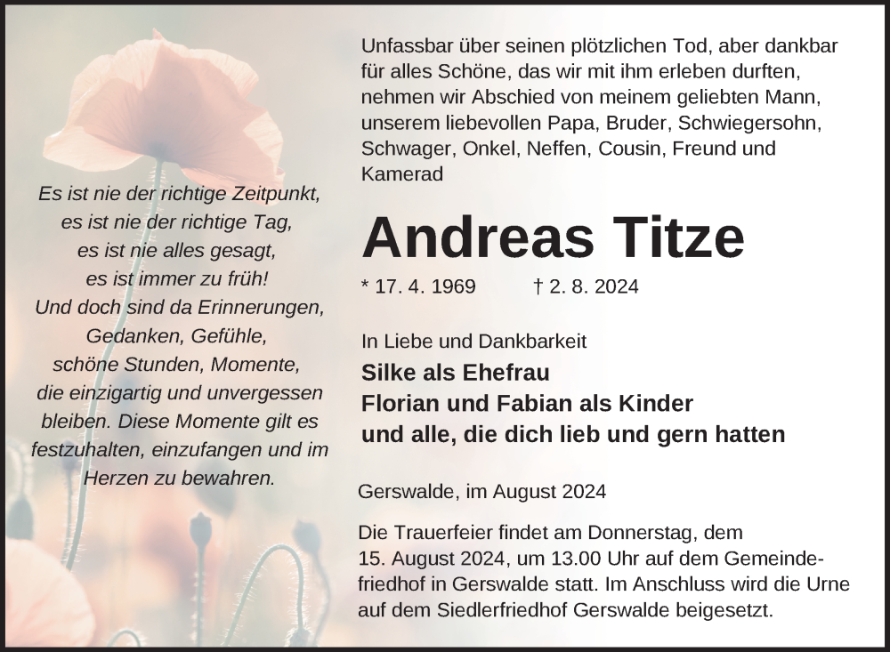  Traueranzeige für Andreas Titze vom 07.08.2024 aus Uckermark Kurier Templiner Zeitung