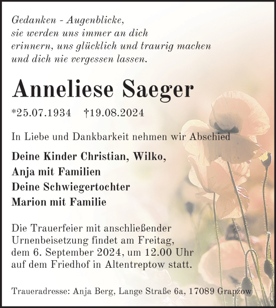 Traueranzeige von Anneliese Saeger von Nordkurier Neubrandenburger Zeitung