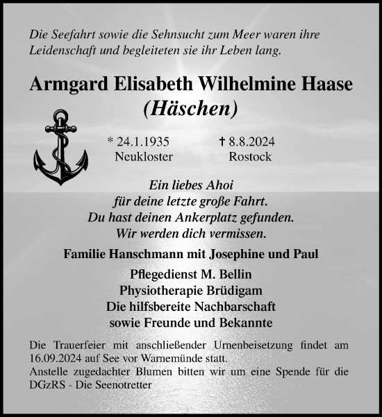 Traueranzeige von Armgard Armgard Elisabeth Wilhelmine Haase von Norddeutsche Neueste Nachrichten