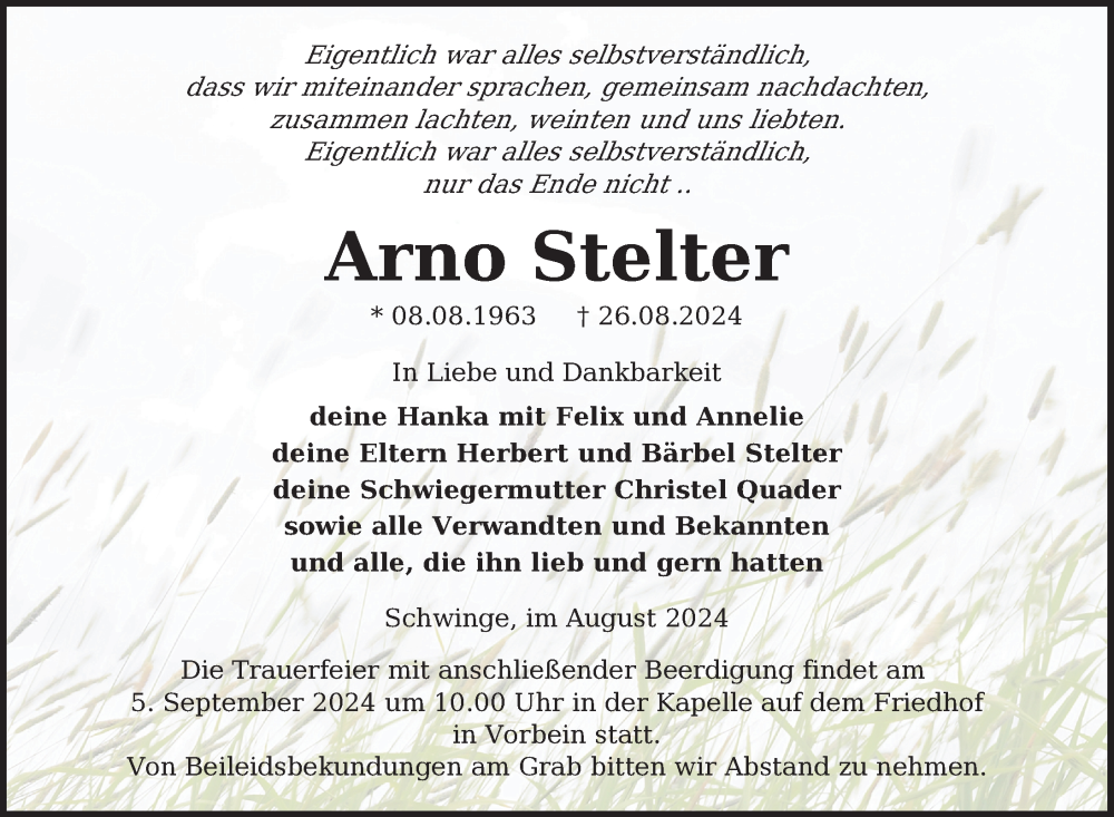  Traueranzeige für Arno Stelter vom 31.08.2024 aus Nordkurier Vorpommern Kurier