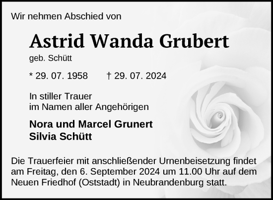 Traueranzeige von Astrid Wanda Grubert von Nordkurier Neubrandenburger Zeitung