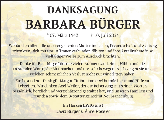 Traueranzeige von Barbara Bürger von Nordkurier Neubrandenburger Zeitung