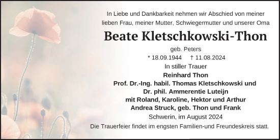 Traueranzeige von Beate Kletschkowski-Thon von Zeitung für die Landeshauptstadt