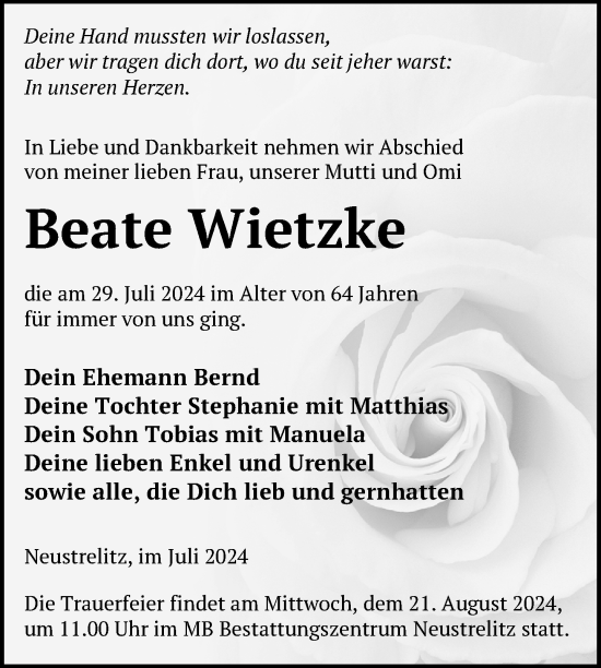 Traueranzeige von Beate Wietzke von Nordkurier Strelitzer Zeitung