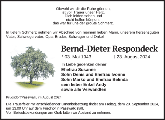 Traueranzeige von Bernd-Dieter Respondeck von Nordkurier Pasewalker Zeitung