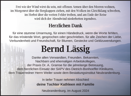 Traueranzeige von Bernd Lässig von Nordkurier Neubrandenburger Zeitung