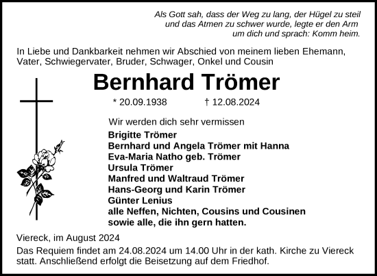 Traueranzeige von Bernhard Trömer von Nordkurier Haff-Zeitung