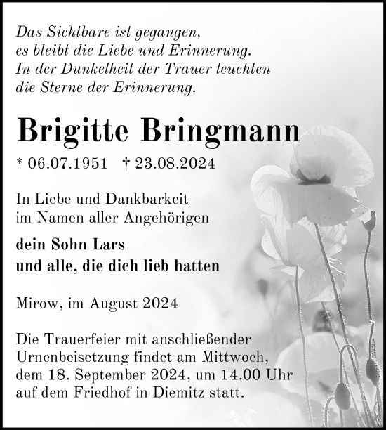 Traueranzeige von Brigitte Bringmann von Nordkurier Strelitzer Zeitung