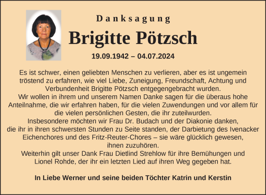 Traueranzeige von Brigitte Pötzsch von Nordkurier Mecklenburger Schweiz