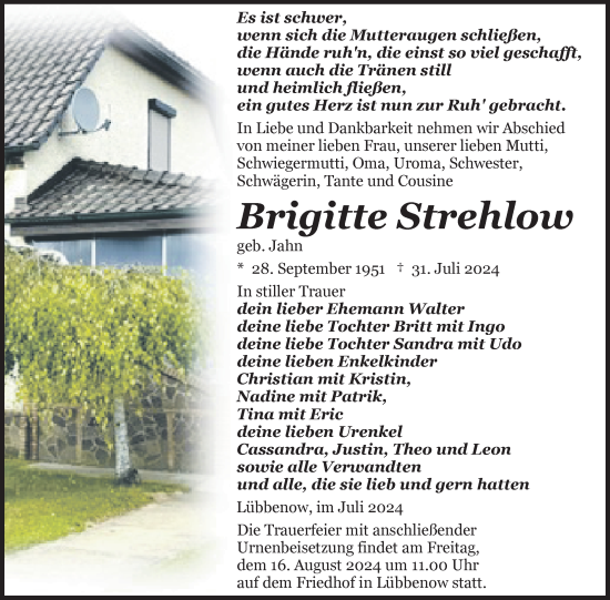 Traueranzeige von Brigitte Strehlow von Uckermark Kurier Prenzlauer Zeitung