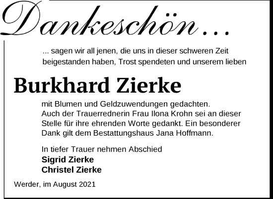 Traueranzeige von Burkhard Zierke von Nordkurier Neubrandenburger Zeitung