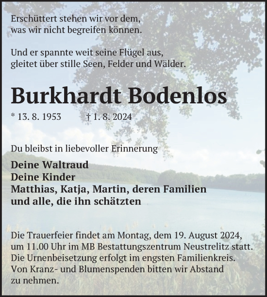 Traueranzeige von Burkhardt Bodenlos von Nordkurier Strelitzer Zeitung