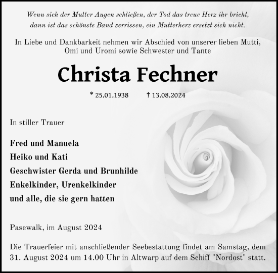 Traueranzeige von Christa Fechner von Nordkurier Pasewalker Zeitung