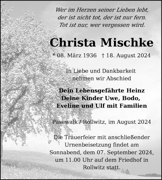 Traueranzeige von Christa Mischke von Nordkurier Pasewalker Zeitung