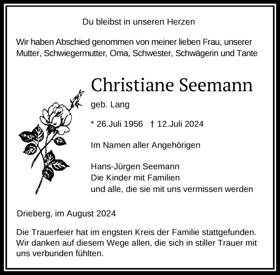 Traueranzeige von Christiane Seemann von Gadebusch - Rehnaer Zeitung