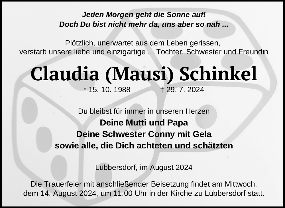  Traueranzeige für Claudia Schinkel vom 10.08.2024 aus Nordkurier Neubrandenburger Zeitung