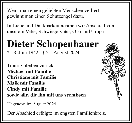 Traueranzeige von Dieter Schopenhauer von Hagenower Kreisblatt