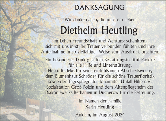 Traueranzeige von Diethelm Heutling von Nordkurier Vorpommern Kurier