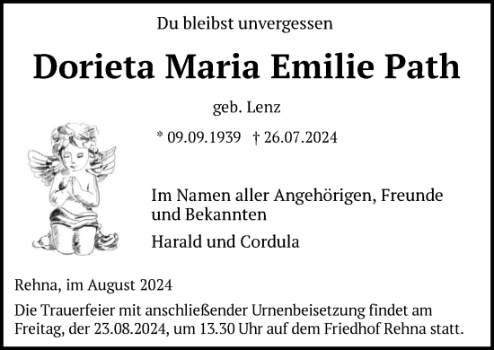 Traueranzeige von Dorieta Maria Emilie Path von Zeitung für die Landeshauptstadt